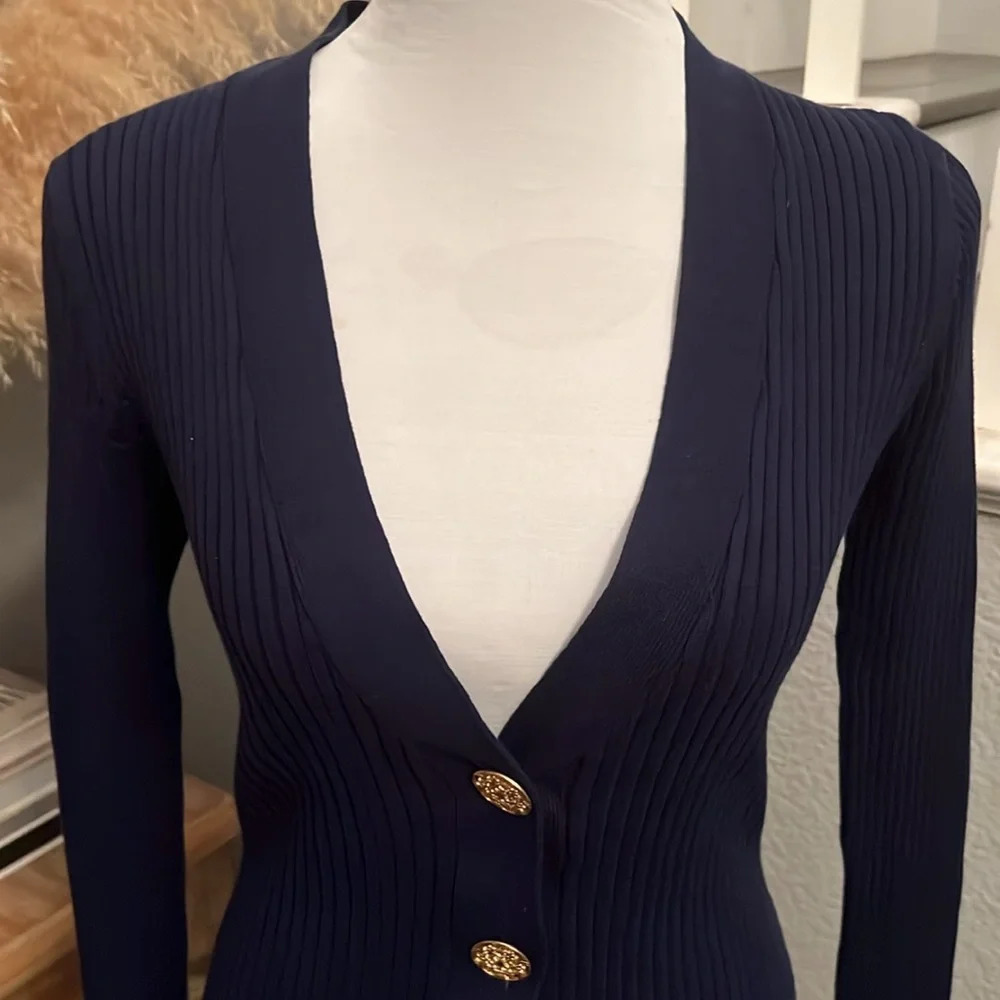 Soft Surroundings Cardigan Sweater Navy Blue Ribbed Gold Buttons Size Small - Picture 2 of 6